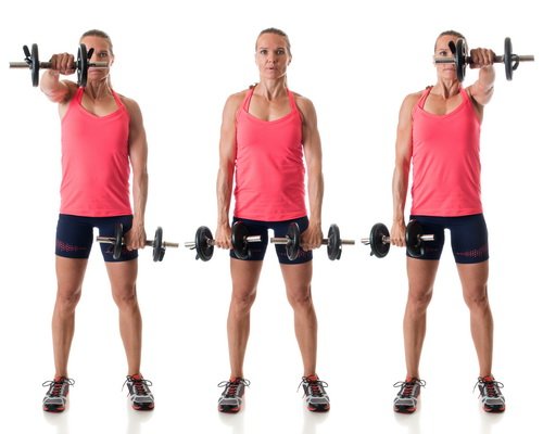 Front raise exercise. Studio shot over white.